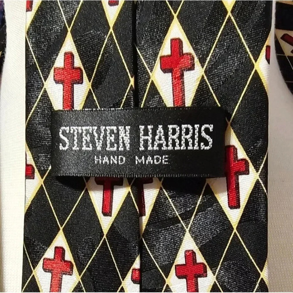 Steven Harris Black Tie - Red Christian Cross Gold Diamond Stripes Korea - Picture 4 of 7